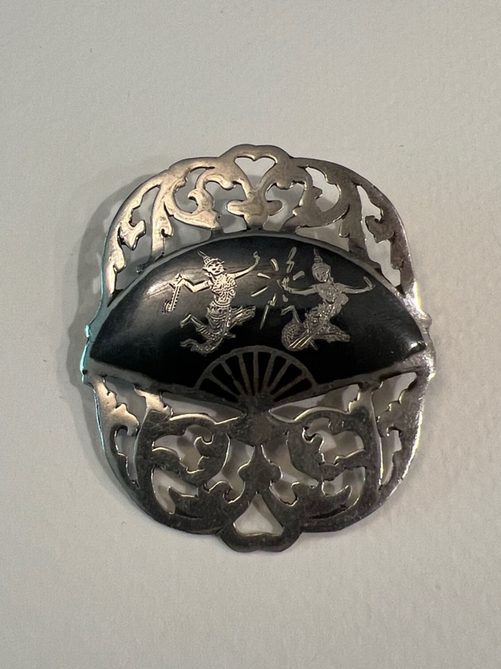Sterling Silver Liam Filigree Fan Brooch with Dark Blue/grey enamel